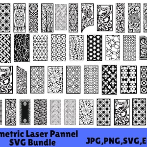 Könnte beinhalten: Eine Sammlung schwarzer geometrischer Laser-Schnittmuster für Paneele in verschiedenen Designs. Die Designs umfassen florale, geometrische und abstrakte Formen. Der Text "Geometric Laser Panel SVG Bundle" ist unten im Bild.