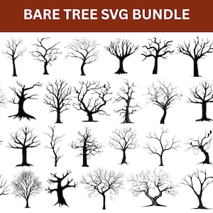 May include: A collection of black bare tree silhouettes in various shapes and sizes against a white background. The text "BARE TREE SVG BUNDLE" is at the top. The trees are detailed and suitable for digital design projects.