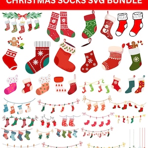 Pode incluir: Uma coleção de meias de Natal em vários designs, incluindo vermelho, verde e branco, com padrões como flocos de neve, estrelas e listras. Algumas meias são enfiadas como guirlandas. O texto "CHRISTMAS SOCKS SVG BUNDLE" está no topo.