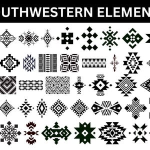 Puede incluir: Una colección de elementos de diseño de estilo suroeste en blanco y negro. La imagen presenta varios patrones geométricos, incluyendo diamantes, triángulos y cruces, adecuados para proyectos de diseño gráfico o artesanía. El texto "SOUTHWESTERN ELEMENTS" está en la parte superior.