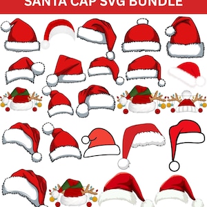Può includere: Una collezione di cappelli di Babbo Natale rossi con finiture bianche e pompon. L'immagine include vari design del classico cappello festivo, perfetto per creazioni e design a tema natalizio. Il testo "SANTA CAP SVG BUNDLE" è in alto.