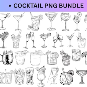 Op de afbeelding: Zwart-wit illustratie van een 'COCKTAIL PNG BUNDLE', met diverse cocktailglazen. De afbeelding bevat martini's, highballs en margarita's. Ideaal voor digitale kunst, deze bundel biedt een reeks drankillustraties.
