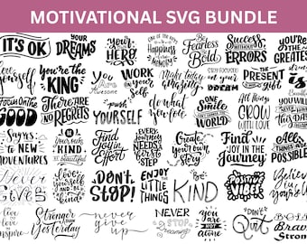 Puede incluir: Un conjunto de diseños SVG motivacionales en escritura negra. Las frases incluyen "It's OK", "Tus sueños", "Sé audaz", "Cree en ti mismo" y "Nunca te rindas". Ideal para proyectos de manualidades.