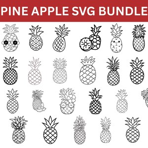Może przedstawiać: Czarno-białe ilustracje ananasów w różnych stylach. Niektóre ananasy mają okulary przeciwsłoneczne lub kwiaty. Tekst "PINE APPLE SVG BUNDLE" znajduje się u góry na czerwonym banerze.