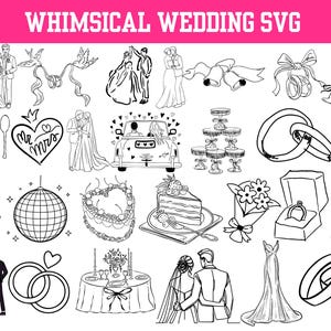 Whimsical Wedding SVG Bundle with Illustrations,Icons,Doodles for Wedding Invitations,couple svg,rings,cakes, Bridal,Bachelorette,Bar files