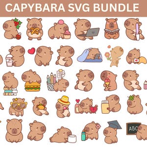Può includere: Una collezione di illustrazioni di capibara dei cartoni animati in varie pose, che tengono in mano oggetti come cibo, libri e un laptop. L'immagine include il testo "CAPYBARA SVG BUNDLE" in alto. Ogni capibara è di colore marrone chiaro.