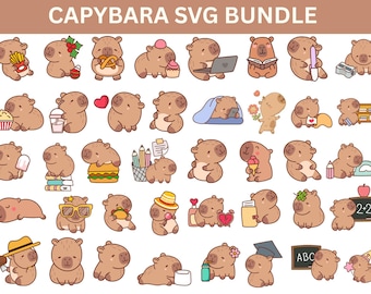 Kawaii Capybara SVG Bundle, Animal Illustrations (Digital Download)