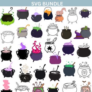 Könnte beinhalten: Eine Sammlung von Hexenkesseln in verschiedenen Stilen. Das Bild zeigt Kessel mit brodelnden Tränken in Grün, Lila und Rosa, sowie Kessel mit Dampf und Sternen. Der Text "Witch Cauldron SVG Bundle" steht oben.