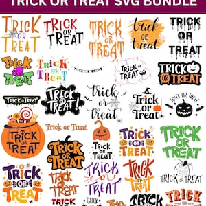 Puede incluir: Un conjunto de diseños SVG con temática de Halloween. Los diseños presentan la frase "Trick or Treat" en varias fuentes y estilos, con calabazas, murciélagos y telarañas. La paleta de colores incluye naranja, negro y morado.