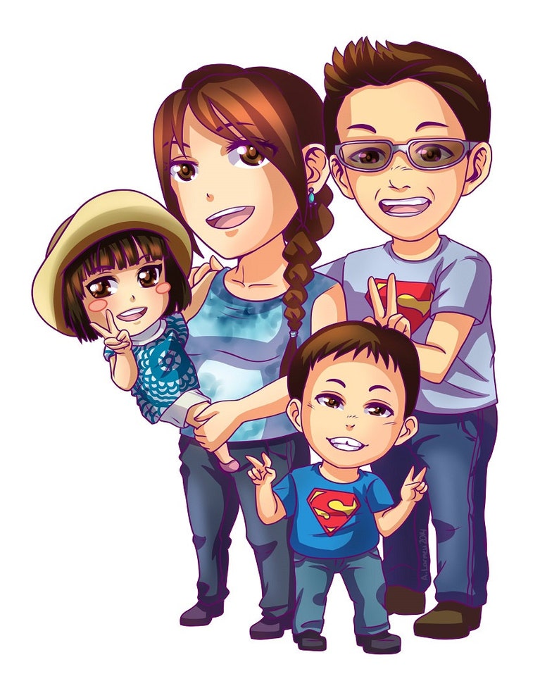 CUSTOM Chibi Family Portrait customized anime art portrait manga caricature digital image 1