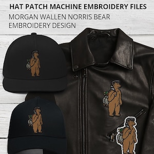 Puede incluir: Gorras de béisbol y parches negros con un diseño de oso bordado. El oso es marrón con un sombrero y una mochila. El texto en la parte superior dice "HAT PATCH MACHINE EMBROIDERY FILES" y "MORGAN WALLEN NORRIS BEAR EMBROIDERY DESIGN".