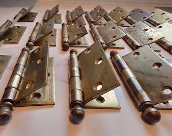 Antique Brass Ball-and-Butt Mortise Door Hinge — Ball-Tip Finials, Aged Patina