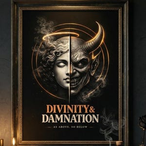 Dark Fantasy gespleten gezicht muurkunst print, engel demon dualiteit gotische poster