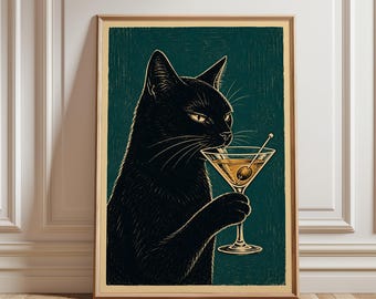 Black Cat Martini Poster, Speakeasy Decor, Vintage Cocktail Art, Bar Cart Wall Art