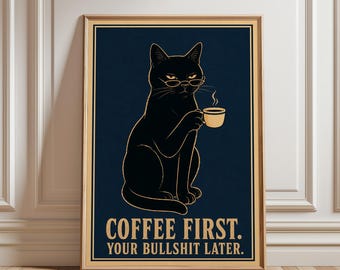 Black Cat Coffee Poster, Funny Cat Print, Coffee Bar Sign, Vintage Kitchen Wall Decor