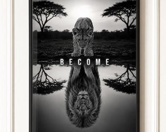 Lion Wall Art, Motivational Poster, Black and White Reflection Print, Man Cave Decor