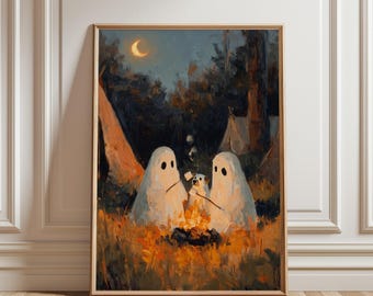 Ghost Painting Cozy Autumn Home Illustration, Whimsical Dog Vintage Halloween Decor, Campfire Scene