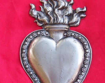 Gran lata/plata flameada Sagrado Corazón Milagro Ex Voto