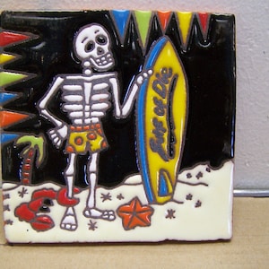 Day of the Dead Mexican Tile - Skeleton Surfer Boy #1 - Surf or Die