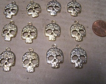 Day of the Dead Lot of 12 Golden Textured Sugar Skull Charms - Mexico
