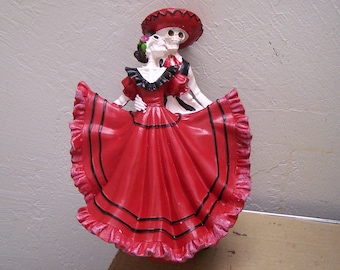 Large Painted Resin Day of the Dead Folklorico Dancing Couple, Red - Mexico