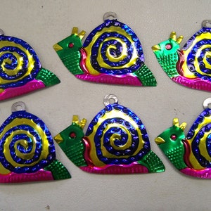 Lot of 6 Tin Painted Ornaments - Snail, Blue Swirl - Mexico