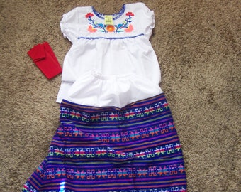 Traditional Mexican Peasant Embroidered Blouse and Skirt with Sash, Folklorico, Fiesta - Little Girl, 8