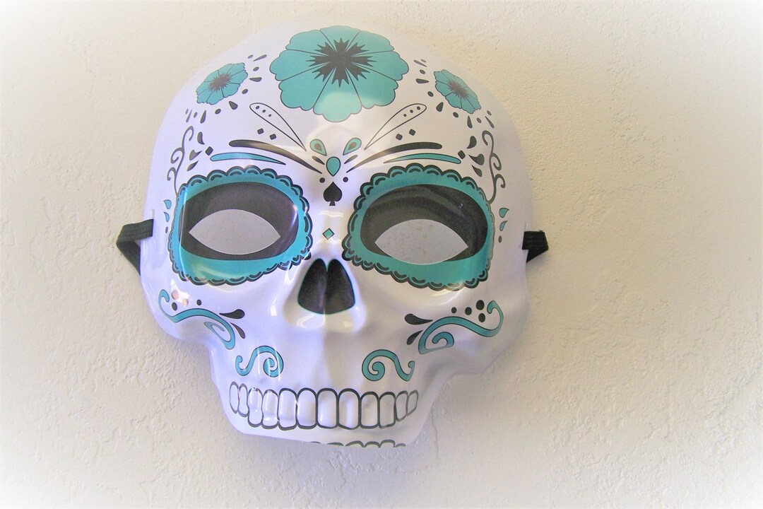 Day of the Dead Sugar Skull Plastic Halloween Mask - Turquoise - Dia De ...