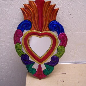Large Tin Painted Sacred Heart Mirror - Colorful Scrolls - Mexico