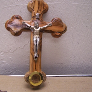 Smaller Holy Land Olive Wood Cross w. Metal Jesus & Holy Soil, 1 Capsule #1 - Jerusalem