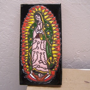 Virgin of Guadalupe Rectangular Embossed Mexican Tile - Black
