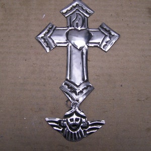 Tin Cross with Dangling Cherub Angel Head Milagro