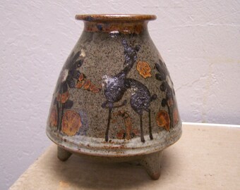 Vintage 1970s Mexican Tripod Vase with Deer and Flower - Mexico