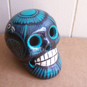 Day of the Dead Clay Altar Skull with Painted Bird Design