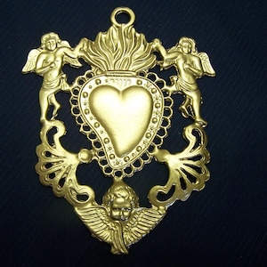 Golden Color Pewter Sacred Heart with Angels Milagro Ex Voto