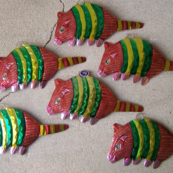 Lot of 6 Tin Painted Ornaments - Armadillo - Mexico