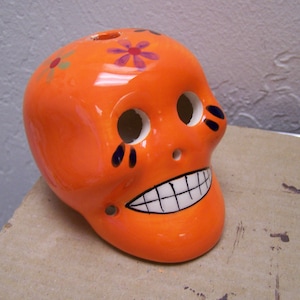 Day of the Dead Ceramic Skull Candleholder - Orange - Ofrenda Piece