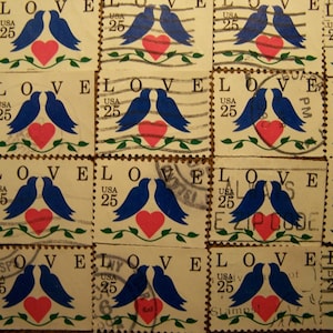 Valentine Love Stamps - Lot of 100 Love Birds and Heart Used Love Stamps as Pictured