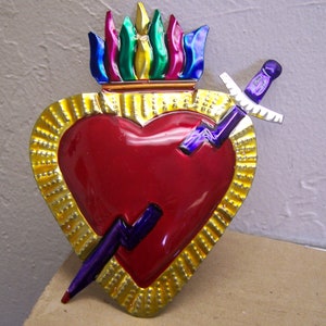 Large Painted Tin Sacred Heart with Jagged Spear Milagro Ex Voto - Mexico