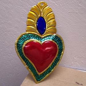 Large Painted Tin Sacred Heart with Blue & Yellow Flame Milagro Ex Voto - Mexico