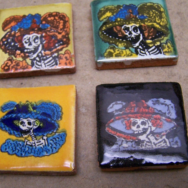 Lot of 4 Mini Day of the Dead Mexican Tiles - Catrinas