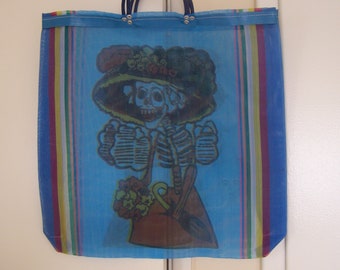 Day of the Dead Catrina Skeleton Lady Mexican Plastic Mesh Shopping Bag - RANDOM COLORS - Made in Mexico