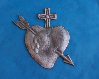 Tin/Silver Large Sacred Heart Immaculate Heart with Arrow Milagro Ex Voto