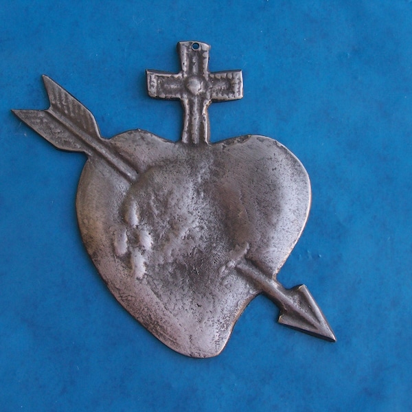 Tin/Silver Large Sacred Heart Immaculate Heart with Arrow Milagro Ex Voto