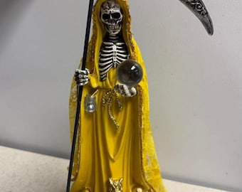 La Santa Muerte 12.5" Resin Altarpiece Statue - Yellow Lace Cloak - Santisima Muerte, Holy Death