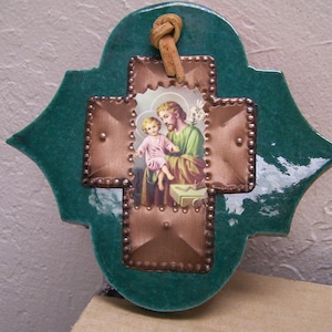 Clay Glazed Cross with Tin Inlay with St. Joseph and Baby Jesus - Mexico