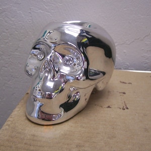 Day of the Dead Ceramic Shiny Silver Skull Candle Holder - Ofrenda Piece