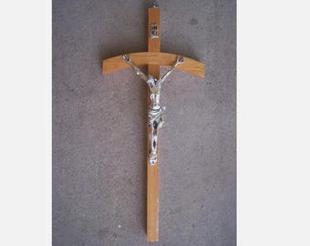 NEW 15.25" Classic Larger Curved Mexican Cross Crucifix, Pewter on Wood - Mexico