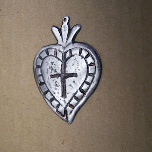 Tin/Silver Sacred Heart with Etched Cross Milagro Ex Voto