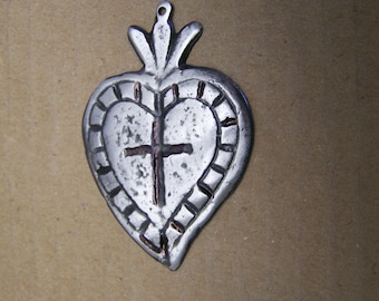 Tin/Silver Sacred Heart with Etched Cross Milagro Ex Voto